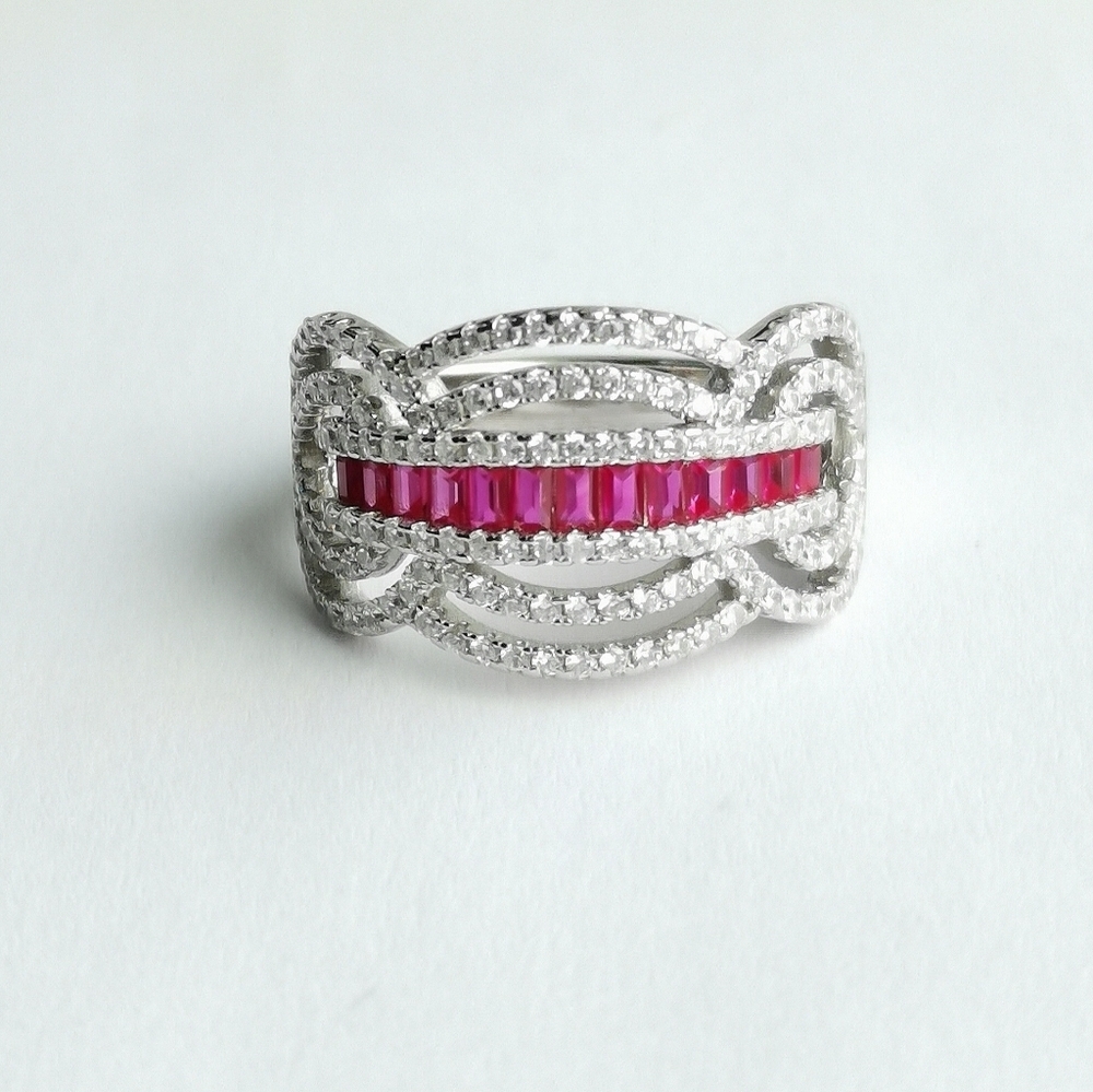 Art Deco Cocktail Ring White Sapphire and Ruby in Sterling Silver